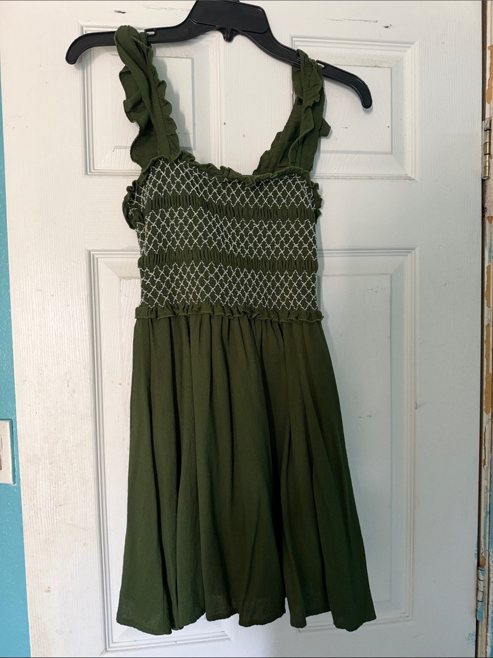 Olive Green Smocked Mini Dress with Ruffle Straps